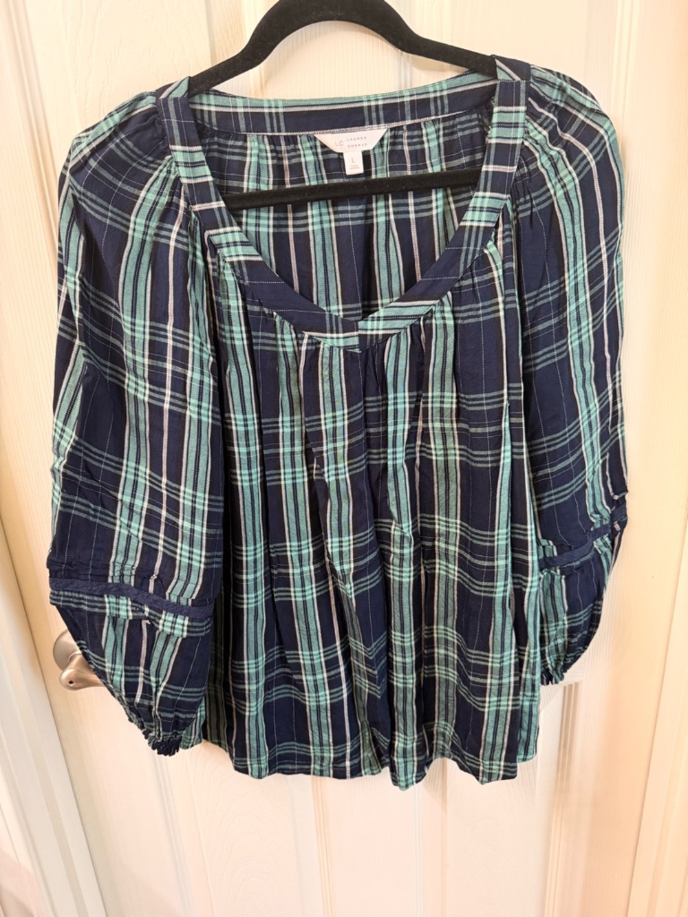 LC Lauren Conrad Navy & Teal Plaid Peasant Blouse XL